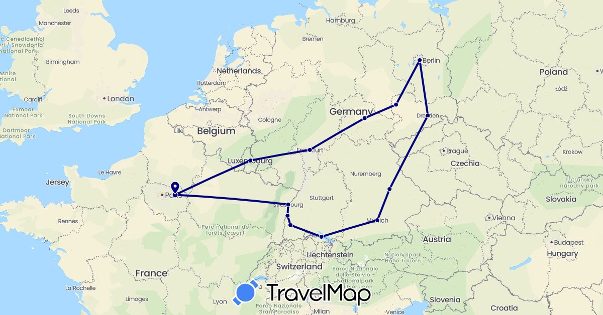 TravelMap itinerary: driving in Germany, France, Luxembourg (Europe)